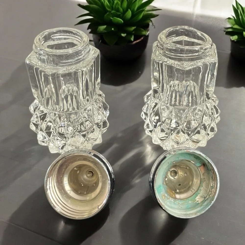Vintage Diamond Point Glass Salt & Pepper Shakers Hong Kong Set of 2 3.75
